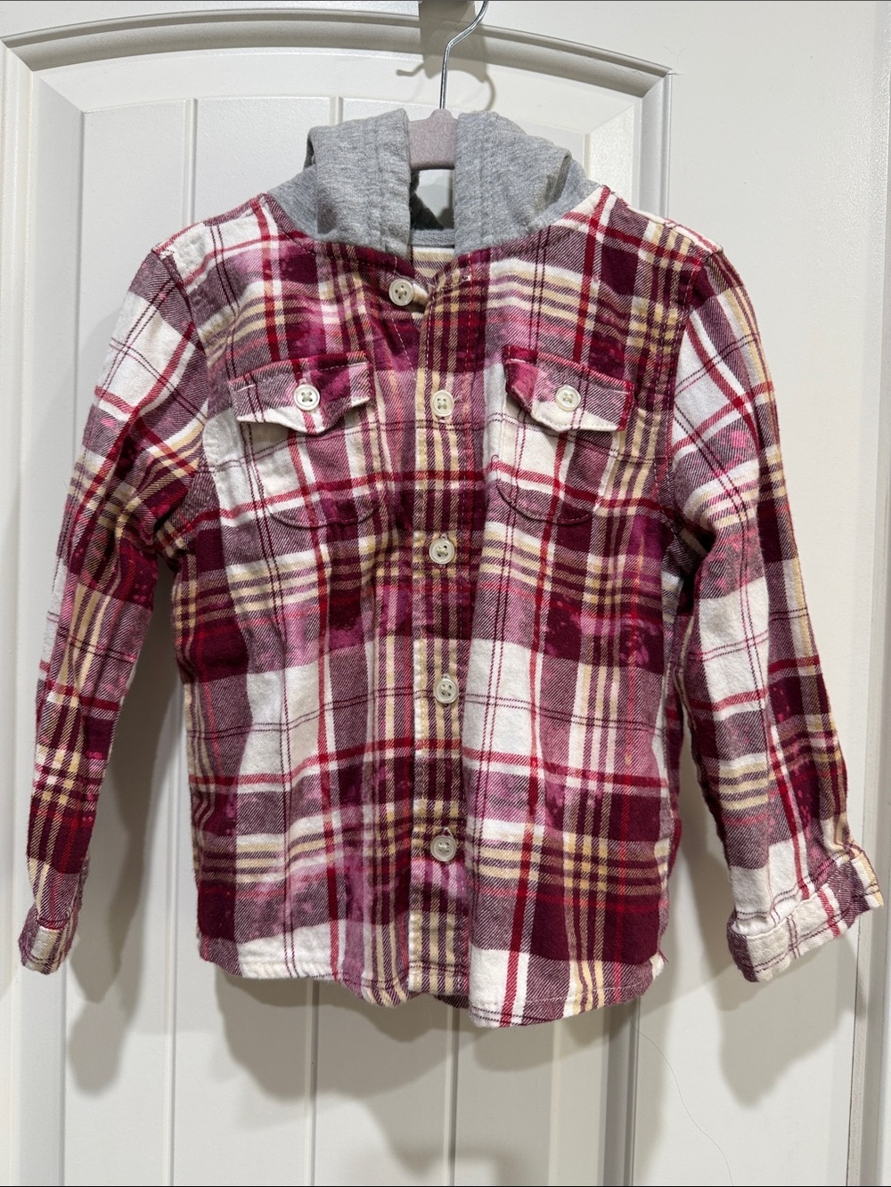 Girls Kids Plaid Hooded Button-Up Jacket - Pink & White Sz 3/4